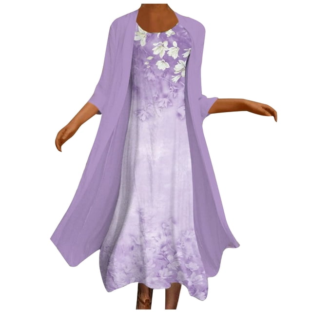 Vente de Liquidation Robe Deux Pièces Ample à Imprimé pour Femme Grande Taille, Manches 3/4, Col Rond, Jupe