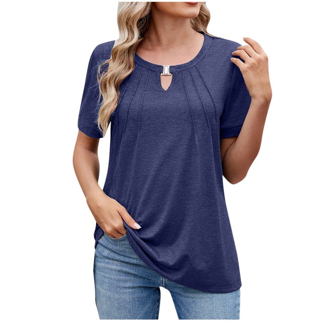 Timegard Hauts pour Femmes à Trou de Serrure avant, Col Rond, Manches Courtes, T-Shirts, Couleur Unie, Tuniques Décontractées