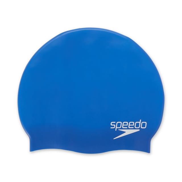 Speedo Junior Waterproof Silicone Swim Cap in blue with smooth, latex-free silicone and an ergonomic contoured shape for a snug fit, featuring the white Speedo logo on the lower right, designed to reduce drag and protect hair from chlorine for smaller swimmers.