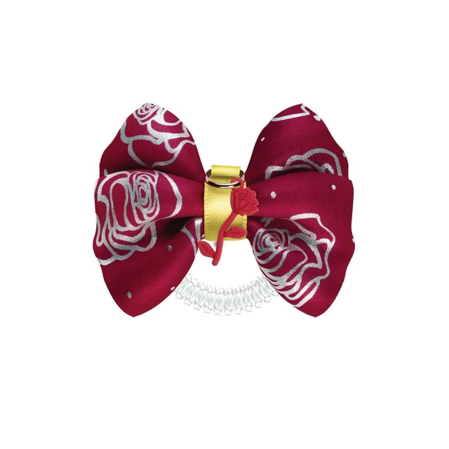 Invisibobble Disney Princess Belle Bowtique hair elastic featuring a burgundy double bow with silver rose patterns, a yellow satin center band, and a red rose charm attached to a clear spiral hair ring, designed for strong grip and stylish updos.