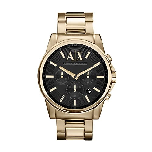 Armani Exchange Montre Bracelet Chronographe pour Homme en or avec Boîtier et Bracelet en Acier Inoxydable Ton or Poli. le Cadran Chronographe Noir Audacieux Comprend des sous-Cadrans Multifonctions et un Affichage de la date, Protégé par un Cristal Minéral durable. Conçu avec un Mouvement Chronographe à quartz pour une Mesure Précise de l'Heure, Ce Garde-Temps Élégant Convient aux Tenues Décontractées, aux Réglages d'Affaires Ou aux occasions Spéciales.
