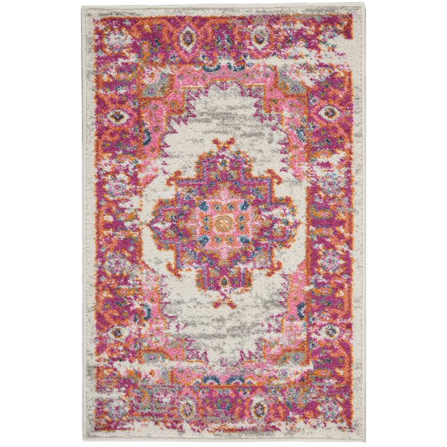 homeroots home decor 385319 2’ x 3' Ivory and Fuchsia Distressed Scatter Rug