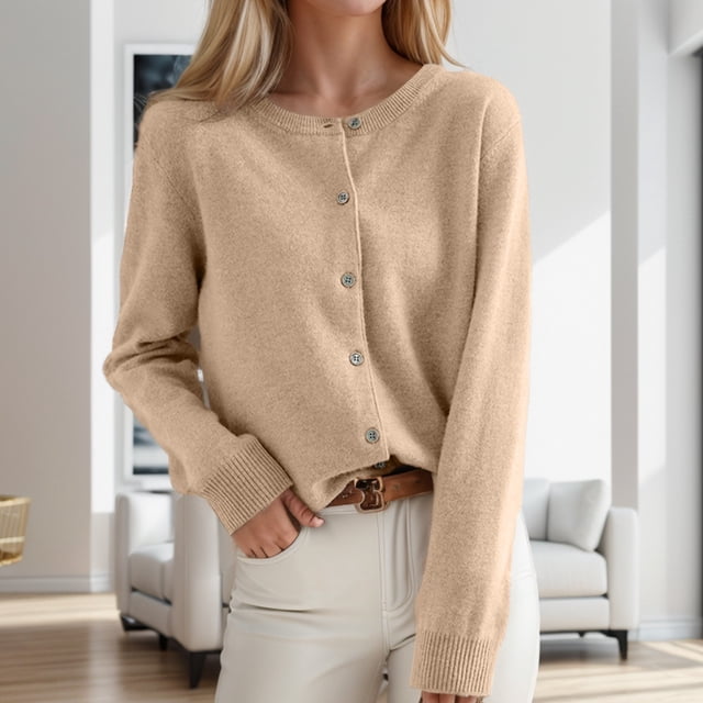Classic Women's Cardigan Sweater Open Front Casual Wear Classic Crew Neck Button Design for All Occasions