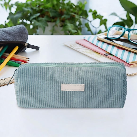 Trousse à Crayons en Velours Côtelé - Organisateur de Fournitures Scolaires en Tissu Floqué, Design Minimaliste et Artistique, Pochette, Bleu, JKODE