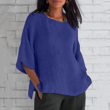 Chemises à Manches 3/4 pour Femmes, Mode Femmes Nouveau Style Chemises en Coton et Lin de Couleur Unie Coupe Ample Blouses à Col Rond Hauts Décontractés d'Été pour Dames