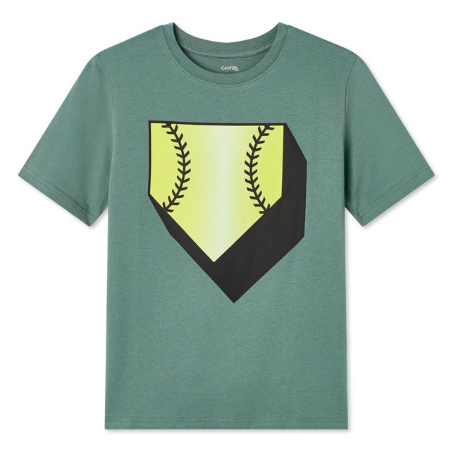 George Boys' Graphic Tee in muted green with a crew neckline and short sleeves, made of soft 100% cotton jersey knit. It features a large front graphic of a yellow and black stylized baseball home plate with stitching and a straight hem, suitable for casual boys' tops.