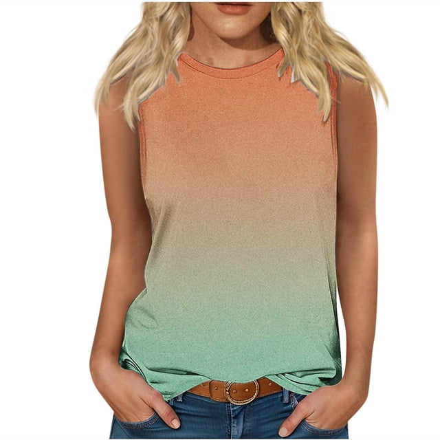 Plebaso Débardeurs 2025 pour Femmes Sans Manches à Col Rond T-Shirts Décontractés à Imprimé Dégradé Blouses d'Été T-Shirts