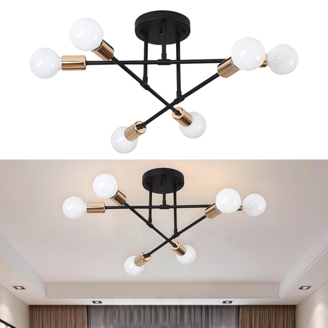 Ceiling Semi Flush Mount Ceiling Light 6-Light Pendant Lighting Ceiling Light Black Gold 1 featuring a modern industrial design with six spherical white bulbs attached to black metal bars with gold accents. The fixture measures 70x20cm (27.56x7.87 inches) and is suitable for energy-saving, LED, or standard bulbs. Ideal for living rooms, bedrooms, offices, or hallways, it provides soft, eye-friendly lighting and a minimalist aesthetic. Shown in a contemporary room setting.