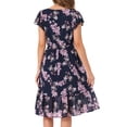 thumbnail image 3 of INSPIRE CHIC Robe pour Femme Florale à Encolure Carrée Manches Volantées Style Casquette Midi à Volants Robe d'Invitée de Mariage S Bleu Rose, 3 of 6