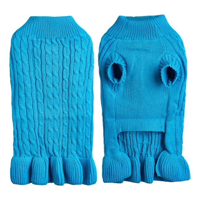 2025 Turtleneck Warm Elegant Rope Pet Clothes For Large Dogs Pet Sweater Stretch Knit Pet Clothes For Small Dogs Female Ruffled Sweater Dress. This bright blue acrylic fiber pet sweater features a turtleneck design for added warmth and style. The rope knitting pattern provides a textured, retro charm, while the ruffled hem adds a playful and feminine touch. The elastic knit fabric ensures a comfortable fit for pets of various sizes, offering full-body coverage from neck to belly. Ideal for winter wear, this sweater is both practical and stylish.