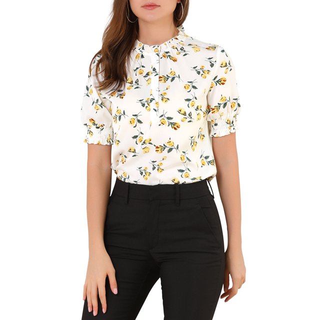 INSPIRE CHIC Women's Short Sleeve Ruffle Trim Neck Floral Print Blouses
