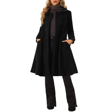 INSPIRE CHIC Women's Vintage Solid A Line Double Breasted Collared Winter Overcoat L Black