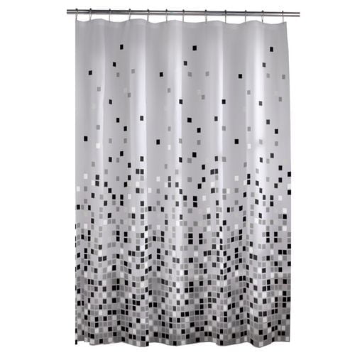 Mainstays Matrix PEVA Shower Curtain with a white background and pixelated tile pattern in black and gray squares concentrated at the bottom and dispersing upward, made of 100% waterproof PEVA, sized 70 by 72 inches, suitable for standard tubs or showers.