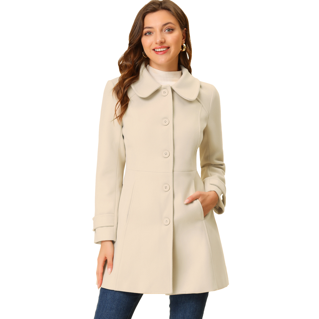 INSPIRE CHIC Manteaux d'Hiver pour Femmes à Col Peter Pan, Boutonnage Simple, devant Boutonné, m Beige