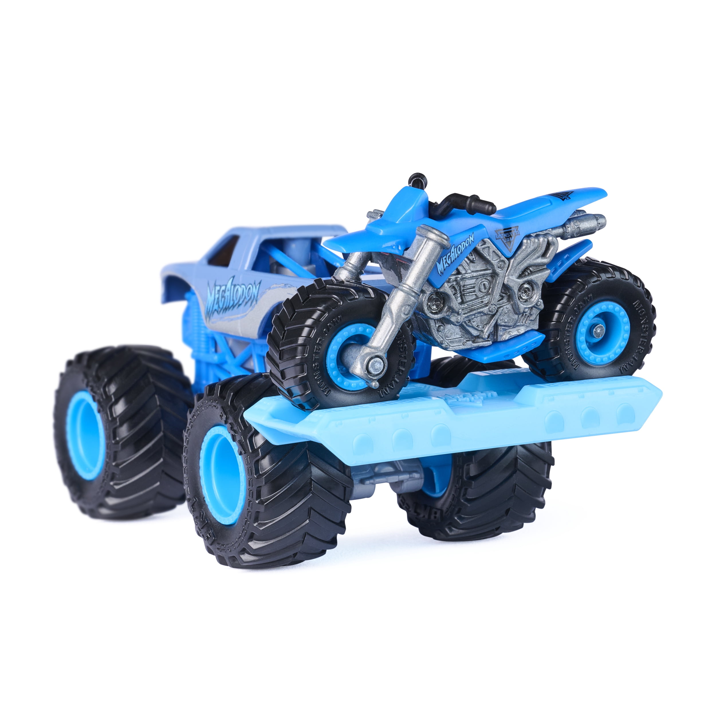 Monster Jam, Monster truck et moto tout-terrain Megalodon officiels, coffret de 2 véhicules avec accessoire, échelle 1:64, jouets pour garçons et filles, à partir de 3 ans