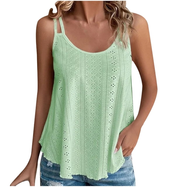 Mrat Hauts Courts de Base d'Entraînement Mode Femmes Décontracté Broderie Col Rond Camisoles Sans Manches T-Shirt Hauts d'Été Col Ras du Cou Débardeurs pour Femmes P-20 Vert Menthe 4TG
