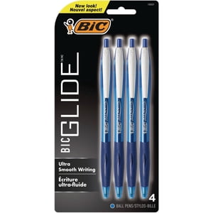 BIC Glide Stylo à bille rétractable, point moyen (1.0 mm), bleu, poignée en caoutchouc confortable, 4-Count