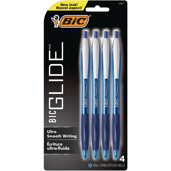 Stylo-bille rétractable BIC Glide, pointe moyenne (1,0 mm), encre bleue, prise confortable en caoutchouc, paquet de 4