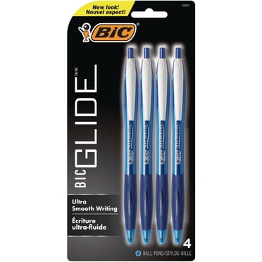 Stylo-bille rétractable BIC Glide, pointe moyenne (1,0 mm), encre bleue, prise confortable en caoutchouc, paquet de 4
