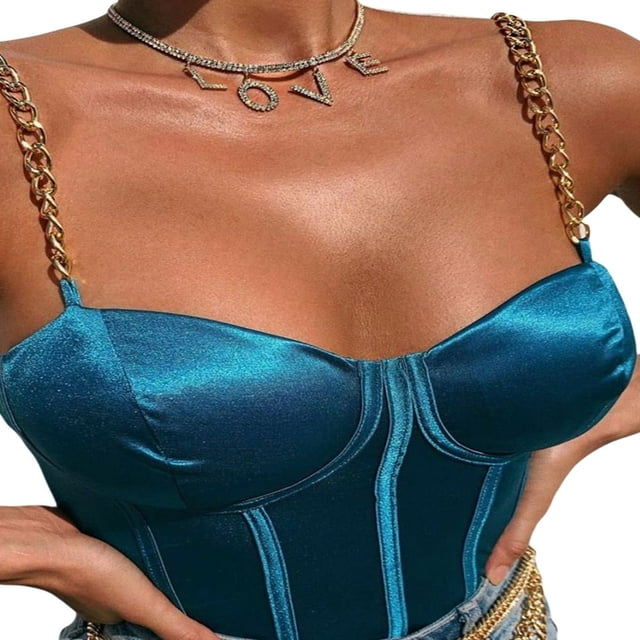 Women Solid Color Sleeveless Tank Tops with Chain Strap Low-cut Padded Cropped T Shirt Tanks Tops Red L