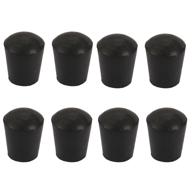 Unique Bargains 8Pcs Furniture Table Chair Round Rubber Leg Tip Cap with 16mm inner diameter, shown in black rubber material with a round flat base design. These caps are designed to protect furniture legs and floors from scratches and dents. The package includes 8 pieces, each measuring 28.5mm in height and 22mm in diameter, suitable for chair, table, or couch legs.