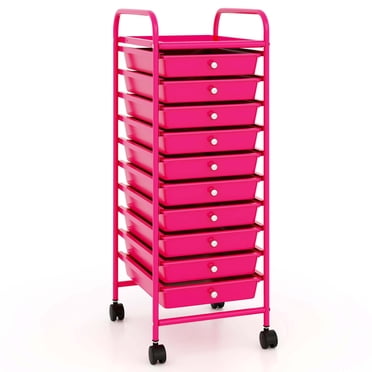 Costway 10 Drawer Rolling Storage Cart Scrapbook Paper Office School Organizer Hot Pink