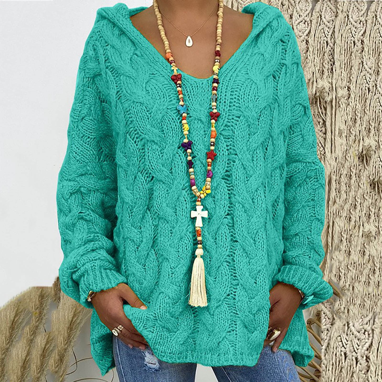 RKSTN Sweaters for Women Fashion Loose Large Size Color Hood Long Sleeves Sweater Tops Fall Sweaters