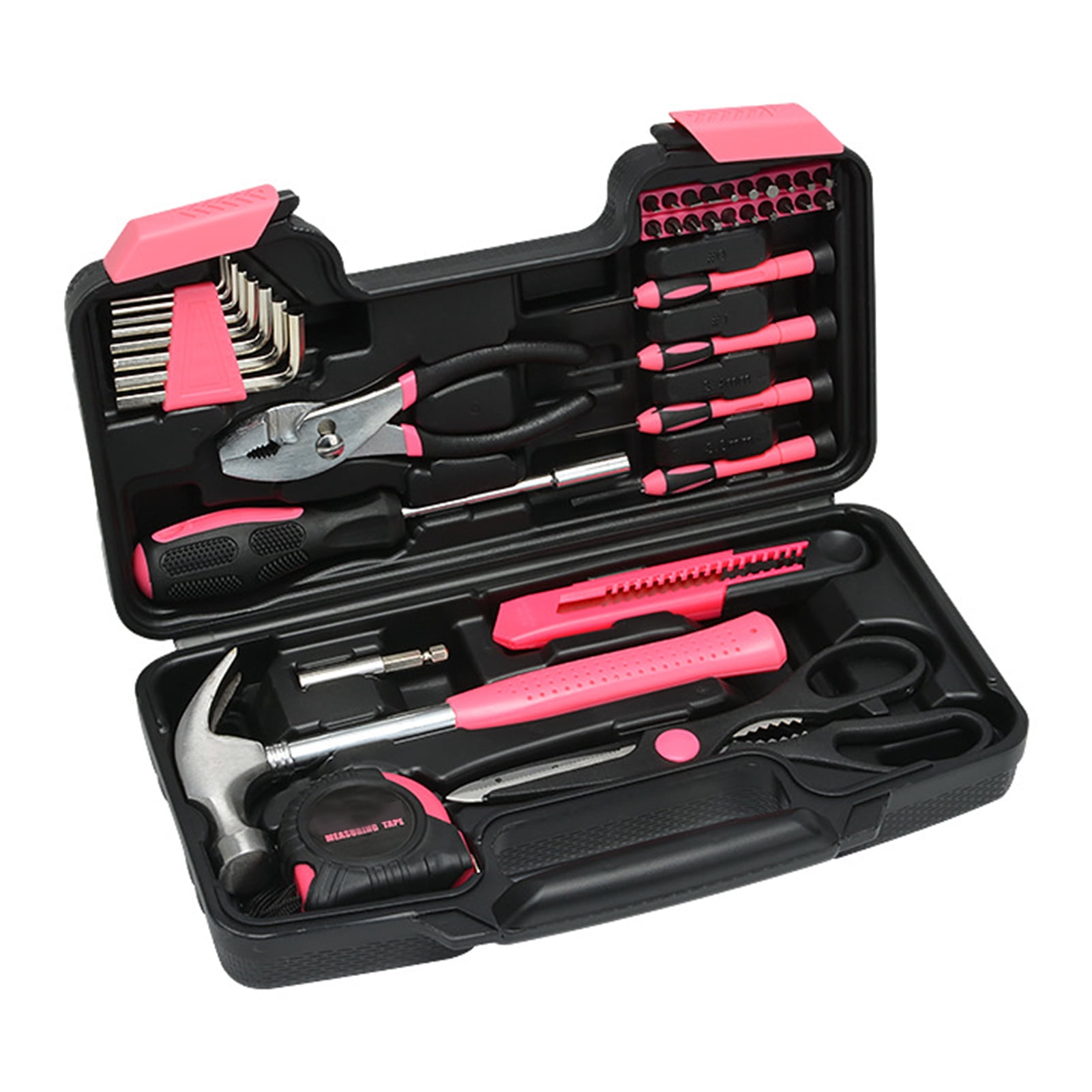 TFixol 39-Piece Pink Home Repair Tool Kit with Durable Plastic Case - Includes Tape Measure, Hammer, Pliers, Screwdrivers, Hex Keys, and More for Household Maintenance