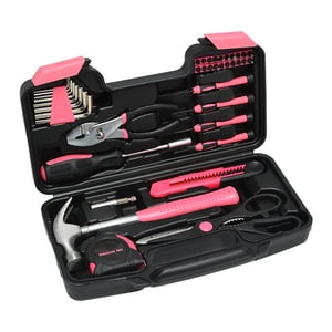 TFixol 39-Piece Kit de réparation maison rose avec boîtier en plastique durable - Comprend la mesure de bande, le marteau, les pinces, les tournevis, les clés hexagonales et plus pour l'entretien des ménages