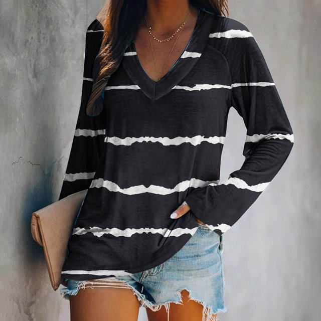 zanvin Longues Blouse à Manches pour Femmes, Blouse Mode Décontractée à Manches Longues à Col en V Imprimé pour Femmes, Noir, P