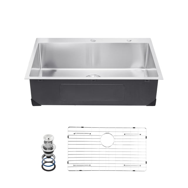VEVOR 33-inch kitchen sink top mount single bowl drop-in basin made of 304 stainless steel. The sink features a modern rectangular design with a 9-inch depth, rounded corners, and a sloped bottom with an X-shaped drain for quick drainage. Includes a drain kit and a protective grid. The sink is equipped with soundproofing pads and anti-condensation coating for noise reduction and durability. Ideal for kitchen renovations and compatible with standard garbage disposal units.