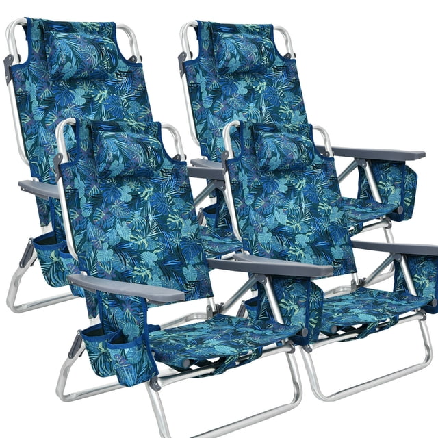 Gymax Lot de 4 Chaises de Plage Pliantes Type Sac à Dos, Chaise de Camping Inclinable avec Sac de Rangement, Motif
