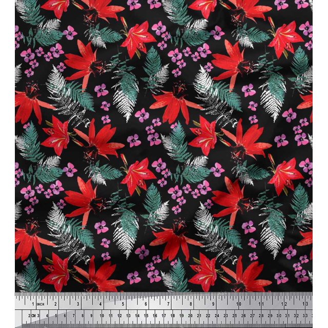 Soimoi Poly Georgette Fabric Spruce Leaves & Lily Floral Print Fabric by The Yard 52 Inch Wide