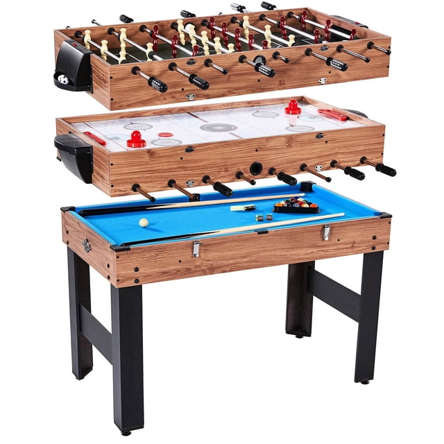 Lancaster Table de Jeu d'Arcade Combinée 3 en 1 pour Billard, Hockey et Baby-Foot avec un design compact de 48 Pouces et des Plateaux Interchangeables pour Billard, slide Hockey et Baby-Foot. la Table Présente une Finition Effet Bois, des Pattes Noires et un Rangement Intégré pour des Accessoires comme des Balles de Billard, des Indices, des Rondelles de Hockey et des Poteaux. des Marqueurs Manuels Sont Inclus de Chaque Côté pour le Suivi des Jeux. les Dimensions Sont 48.5 x 22.75 x 32 Pouces