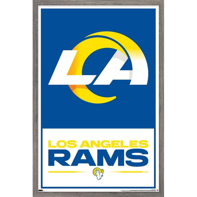 NFL Los Angeles Rams - Affiche Murale Logo 21, 22,375 Pouces x 34 Pouces Encadrée Montrant une Vue Centrée du Logo des Rams en Blanc et Jaune sur un Fond Bleu au-Dessus d'Un Texte Audacieux Jaune et Bleu Lisant « Los Angeles Rams » avec un Petit Emblème de Tête de Bélier en Dessous, le Tout dans un Cadre en Bois Clair, Convient à la Déco Murale à Thème Sportif dans les Chambres, Bureaux Ou Dortoirs.