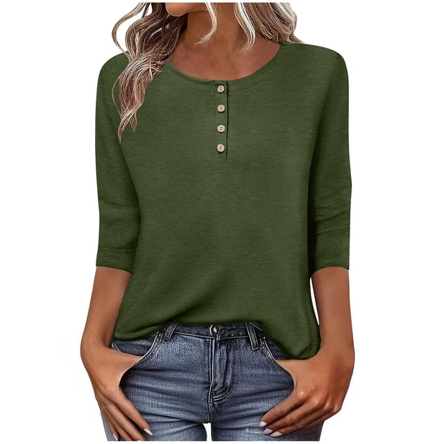 Lenpel Hauts pour Femmes à Manches 3/4 Printemps Été Col Ras du Cou Quart de Bouton T-Shirts Décontractés Tunique Tee Blouses