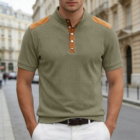 Polos for Men Short Sleeve Quarter Button Up Tee Shirt Loose Fit Green Men Casual Shirt