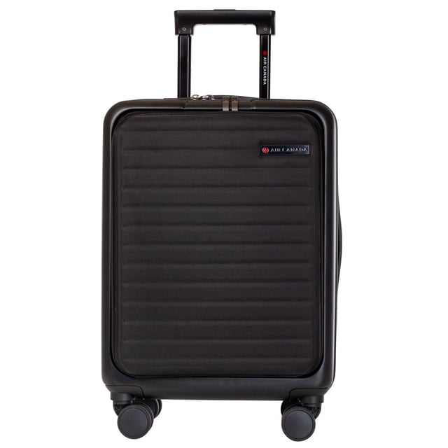 Air Canada® 19 Inch Hybrid Compass Carry-on Luggage with Wheels in black, front view showing a durable polycarbonate shell with horizontal ridges, four 360° spinner wheels, a locking telescopic handle with Air Canada branding, and a padded front compartment with an Air Canada logo patch, ideal for organized travel and electronic device storage.