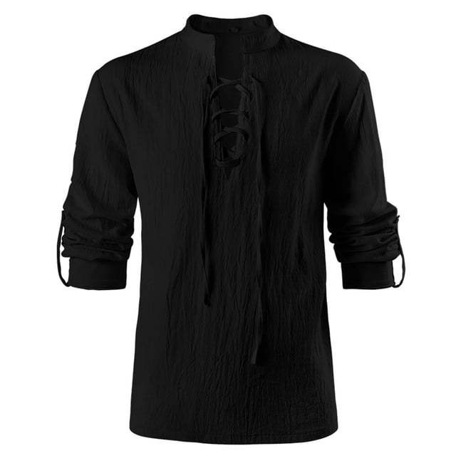 AherBiu Men's Shirts Long Sleeve Stand Collar Front Drawstring Slim Fitted Tshirt Tops Fall Lightweight Shirts Tops