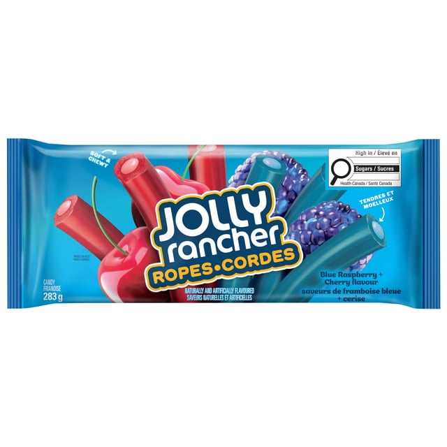 JOLLY RANCHER Ropes Blue Raspberry and Cherry, 283g, chewy candy ropes with soft centers featuring bold blue raspberry and sweet cherry flavors, shown with cherries and blue raspberries on a blue background, ideal as a fruity snack high in sugars.