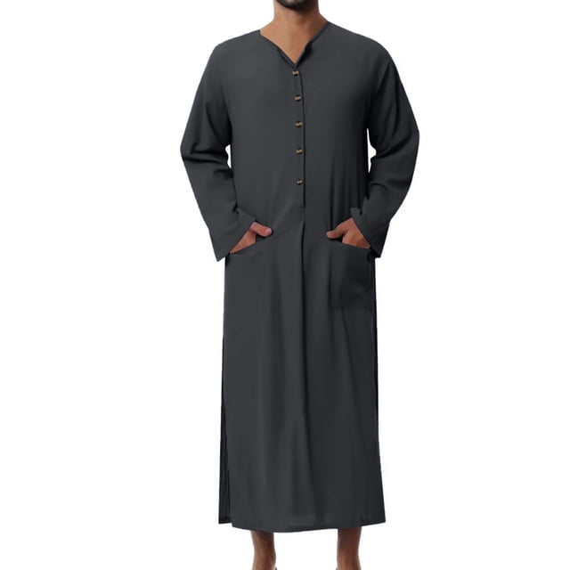AherBiu Plus Size Mens Kaftan Thobe Button down Shirts with Pockets Long Sleeve Side Split Casual Muslim Robe