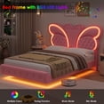 thumbnail image 3 of Homfa Full Size Velvet Upholstered Bed with LED Lights, Floating Platform Bed Frame with Butterfly Crystal Button Tufted Headboard, Pink, 3 of 7