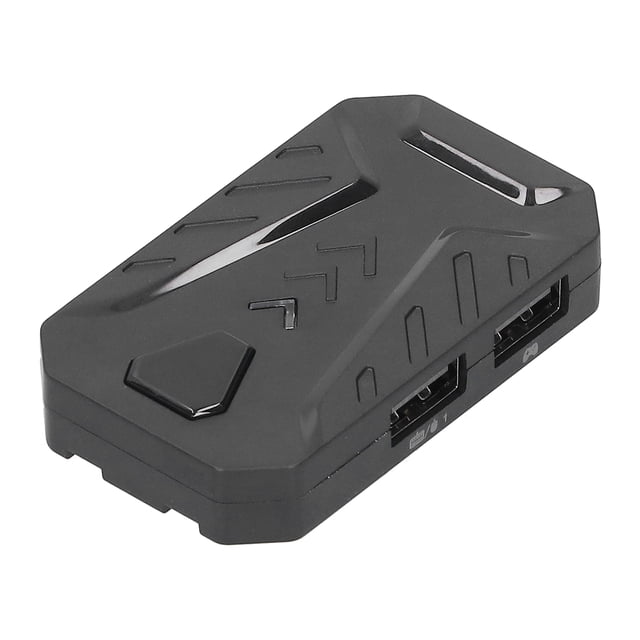 Qiilu Gaming Keyboard Mouse Adapter Converter for PS5, Xbox One, and other gaming consoles. A compact black ABS device with a textured surface, featuring multiple USB ports for wired connections. Designed for enhanced gaming control with programmable buttons and a familiar keyboard layout. Includes a manual, OTG adapter, and Type-C cable.