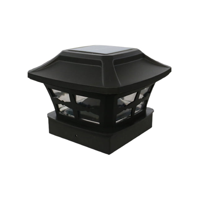 Birdeem Solar Post Lights Outdoor Fence Cap Light for Posts, featuring a black plastic frame with a high light-transmitting imitation glass lampshade. This solar-powered light measures 10.5x10.5x10.2cm and offers two lighting modes: white and warm light, adjustable via a button. Designed for outdoor use in patios, gardens, fences, and more, it operates on light-controlled induction, charging during the day and automatically lighting up at night. No wiring required.
