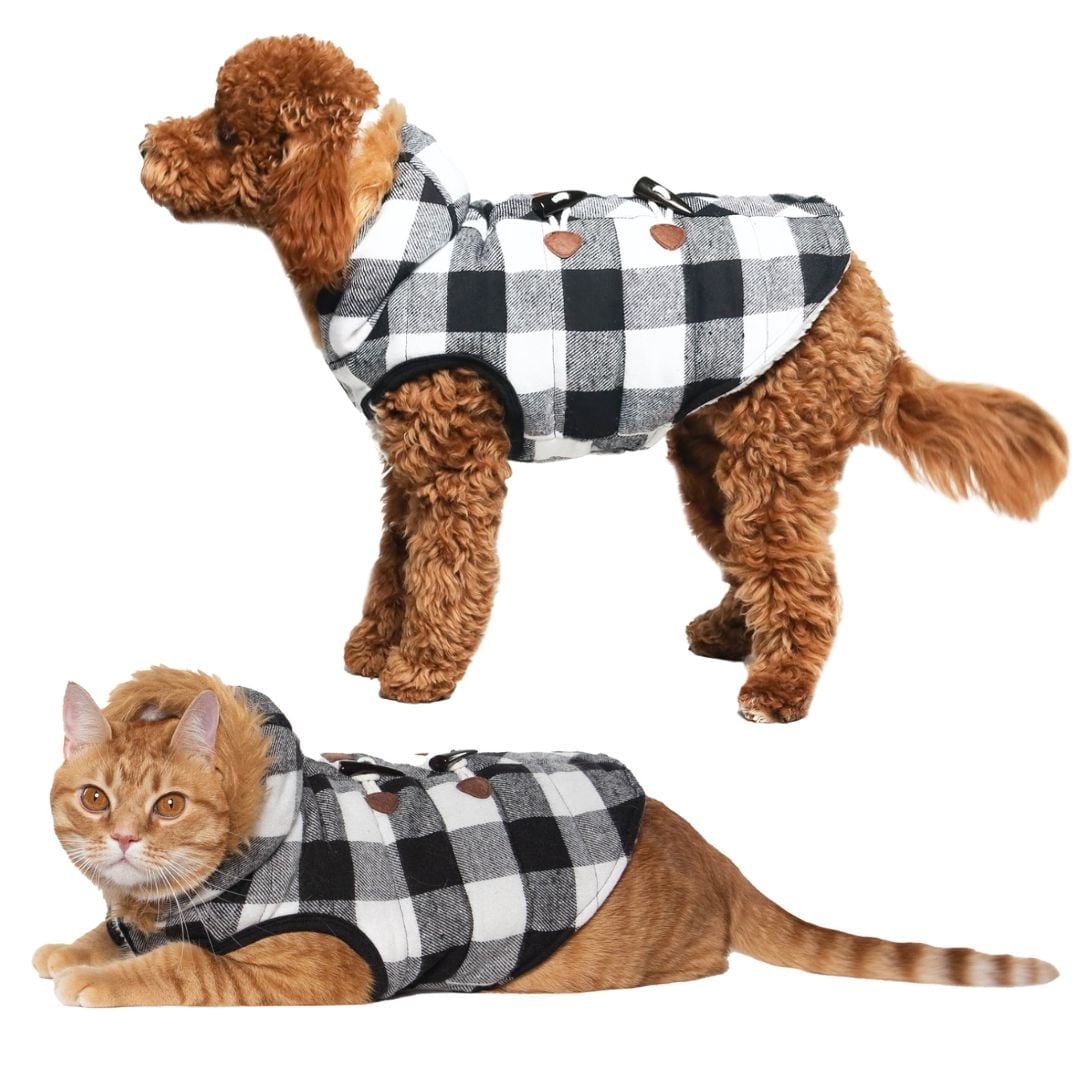 Holiday Time Vêtements pour chiens: Veste à capuche pour l'automne et l'hiver, tissu écossais noir et blanc, taille XS-XL
