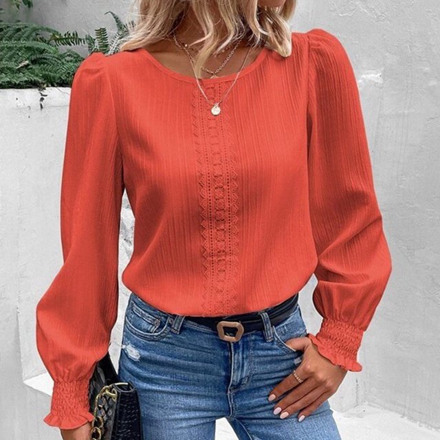 RXIRUCGD Haut/chemise à Manches Longues à Col Rond pour Femme, Décontracté, Uni, en Dentelle Patchwork, Orange, Taille : S
