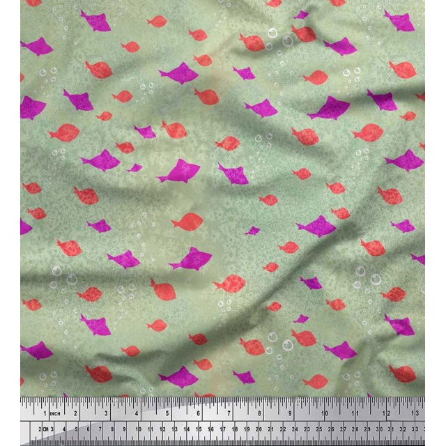 Soimoi polyester Crepe Fabric Bubbles & Fish Ocean Decor Fabric Printed Yard 42 Inch Wide