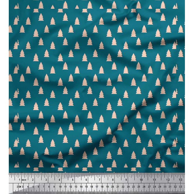 Soimoi Blue Poly Georgette Fabric Christmas Tree Print Fabric by the Yard 52 Inch Wide