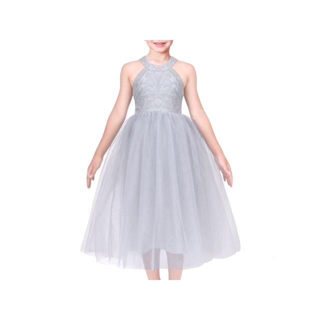 Robe Fille Gris Col Licou Fête Dentelle Tulle Élégante Sans Manches 6 Ans