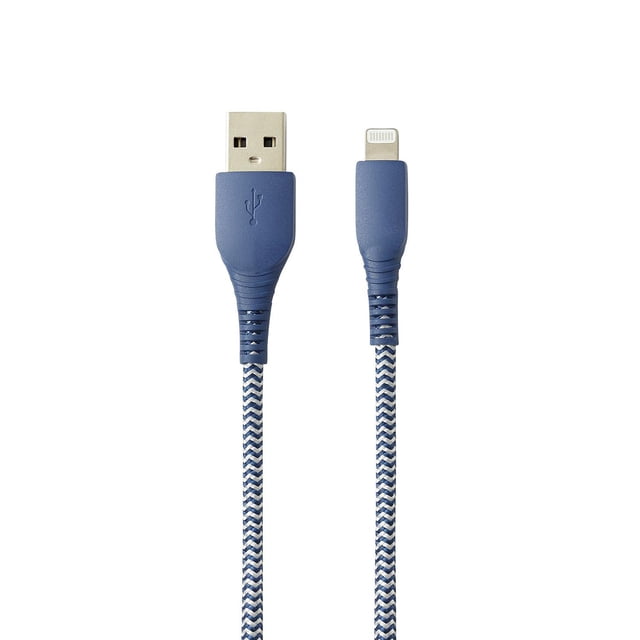 blackweb 3 FT Lightning to USB-A Charge and Sync Cable with durable blue and white chevron braided cord, featuring USB-A and Apple-certified Lightning connectors, ideal for charging and syncing compatible Apple devices.